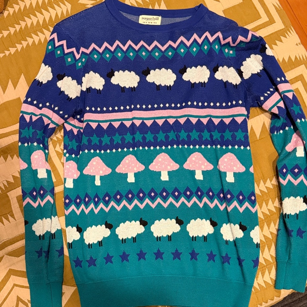 Sugarhill Brighton Blue and Pink Sheep Sweater